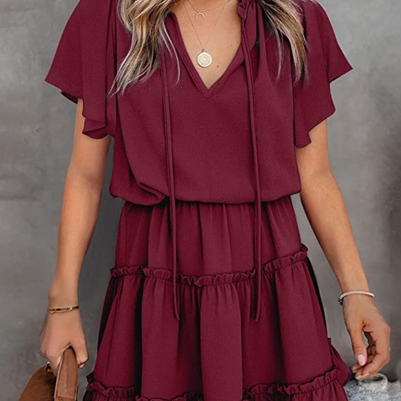 Aytitium Womens Drawstring V Neck Babydoll Dress Ruffle Chiffon Swing Mini Dress - Picture 1 of 5